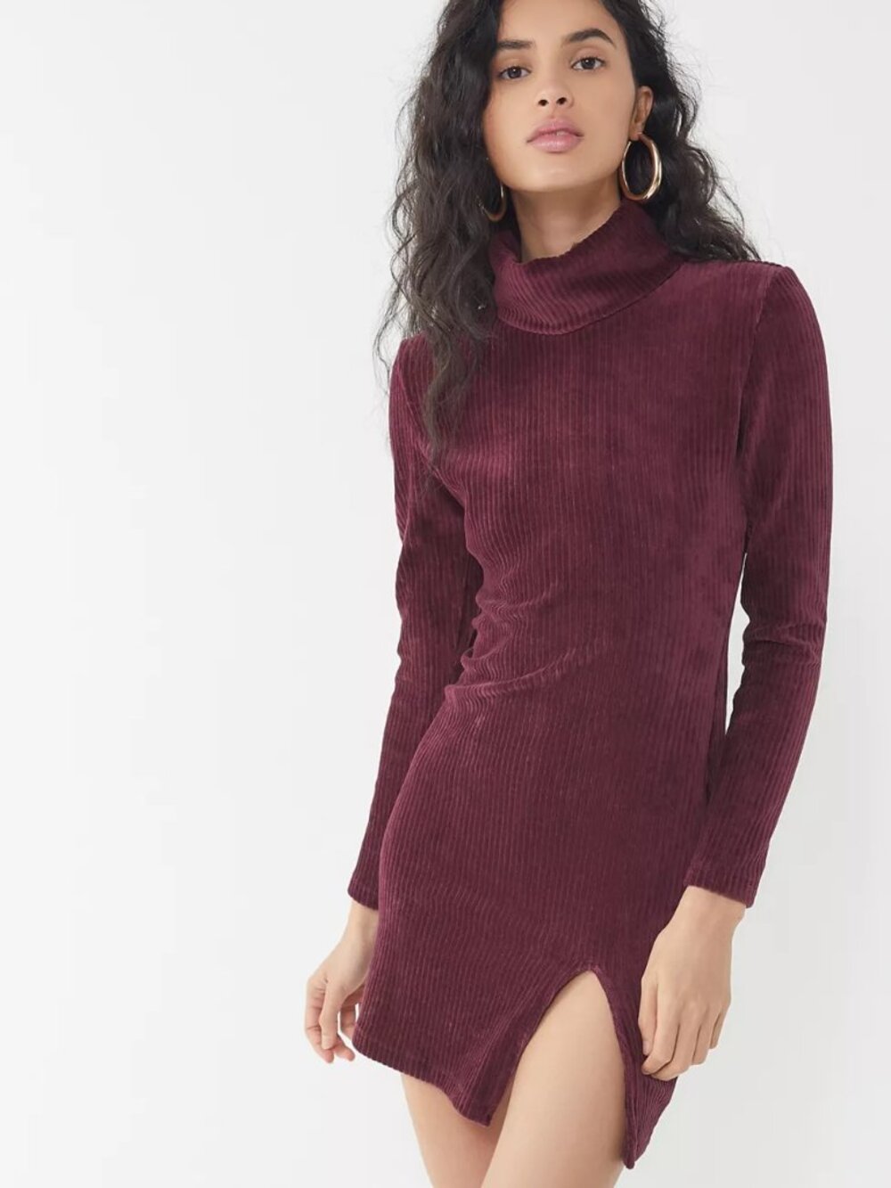 UO Motel Tori Corduroy Turtleneck Dress Maroon Small